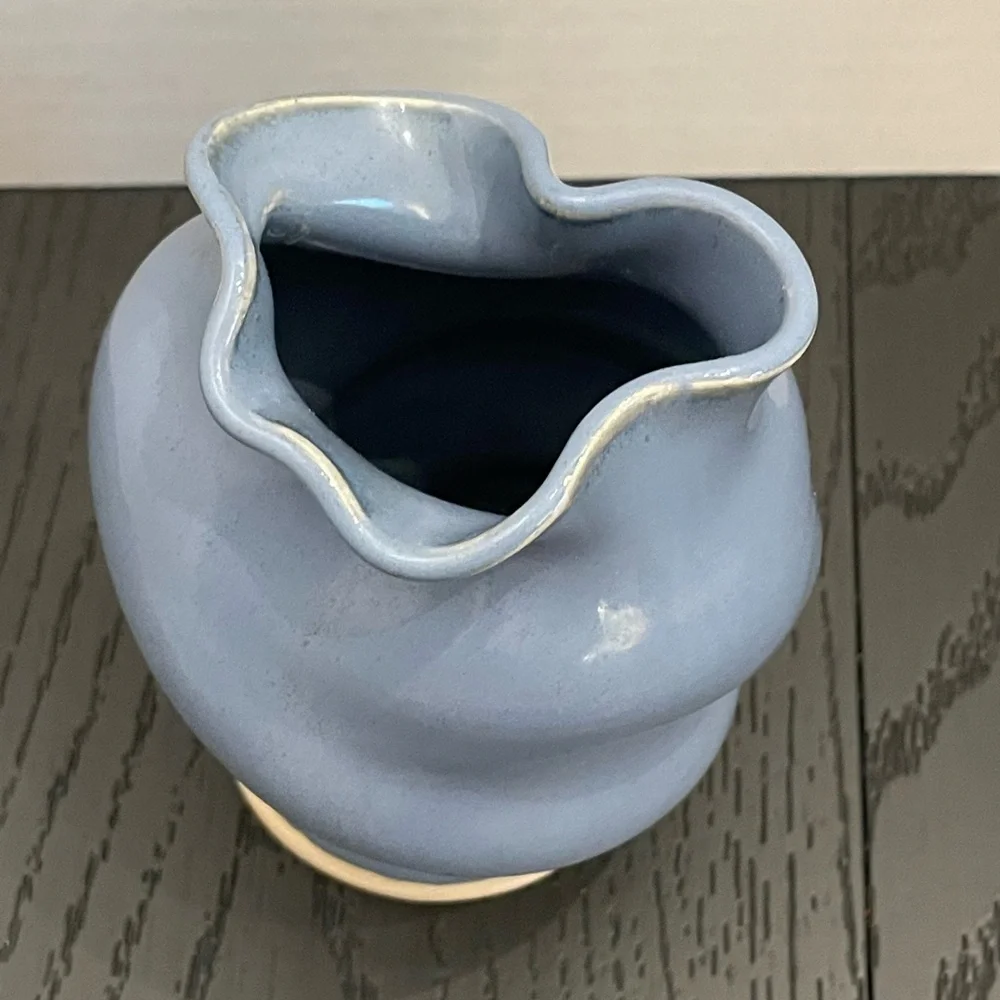 Light Blue Twisted Ceramic‎ Small Vase and A Cream-Colored Base Signed Leftwich